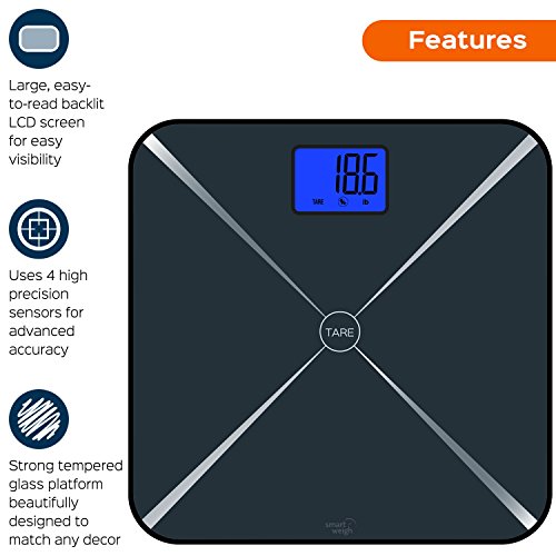Smart Weigh Smart Tara digitale Personenwage mit großem LCD-Display und Hartglasplattform, 200kg/440lbs Kapazität (Schwarz) - 3