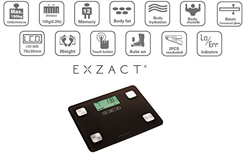 EXZACT Mini -Transportable Körperanalysewaage/ Elektronische Personenwaage/ Digitale Personenwaagen/ Badezimmerwaage - Körperfett / Körperwasser / BMI / Muskelmasse - 12 Benutzerspeicher - 150 kg / 330 lb (Schwarz) -
